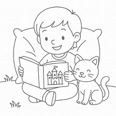 Child Reading Book with Cat Coloring Page
