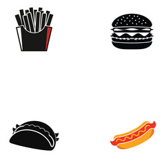 Fast food silhouette icons set – solid, filled, meal and snack symbols