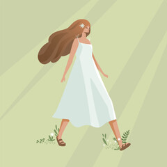 Spring is coming. Girl in a white dress is walking and flowers are blooming under her feet.