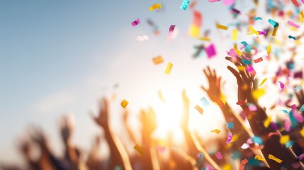 Crowd celebrates under shower of colorful confetti in moment of joyous revelry