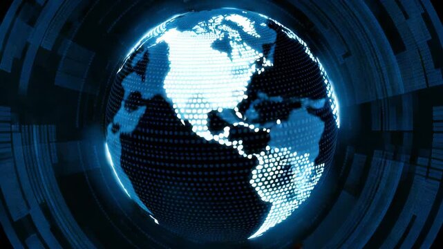 Digital globe network displaying illuminated continents and data patterns in blue light on earth