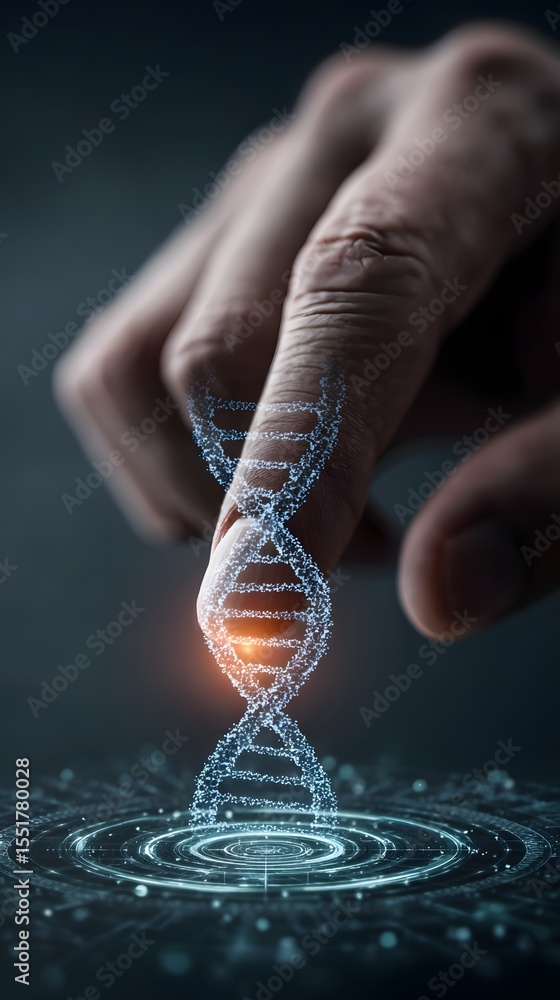 Aufkleber a finger interacts with a glowing 3d dna helix hologram projecting from a digital interface in a fut