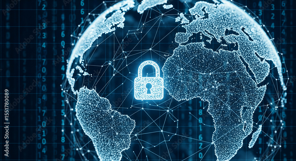 Poster digital globe with glowing lines and padlock, symbolizing global cybersecurity and data protection