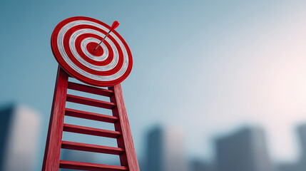 Bullseye Target on Top of Wooden Ladder, Strategic Goal Achievement Concept, Business Success and Precision Aim Visualization, Climbing to Reach High Objectives Metaphor