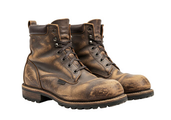 Isolated Pair of Brown Leather Boots Workwear in Transparent Background
