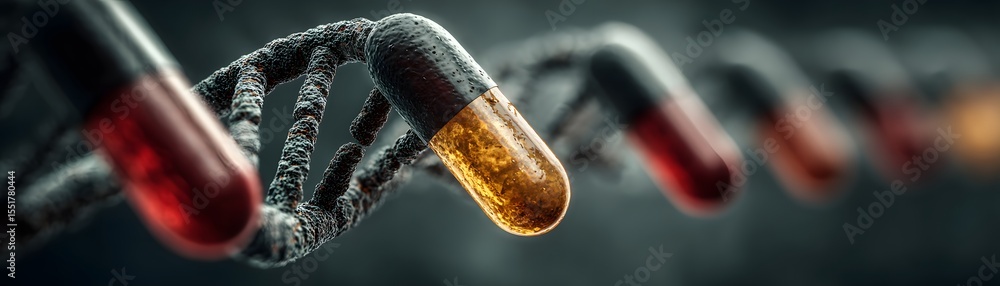 Poster a close-up 3d illustration of a dna strand with capsule-like structures embedded, representing genet