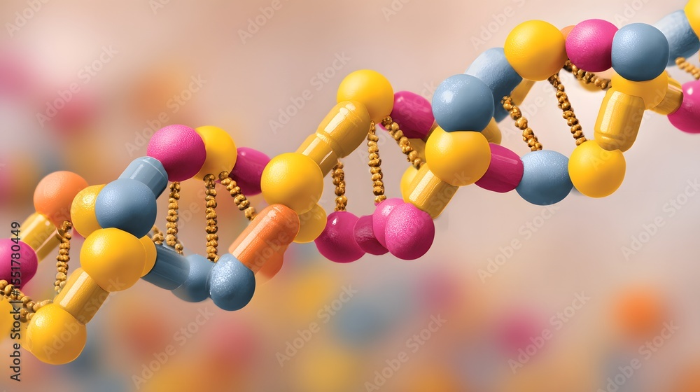 Poster colorful 3d representation of a dna double helix structure with interconnected molecules and a blurr