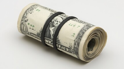 Roll of United States one dollar bills secured with rubber bands