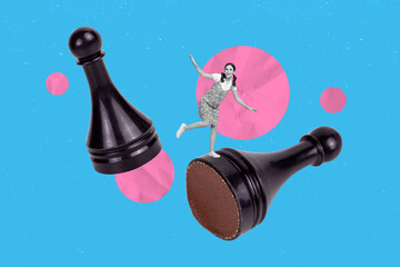 Image poster trend collage of happy girl dance chess board game checkered pawn black figurine logic...