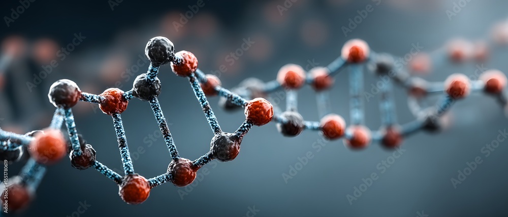 Poster a close-up digital rendering of a dna double helix structure with red and black spheres representing