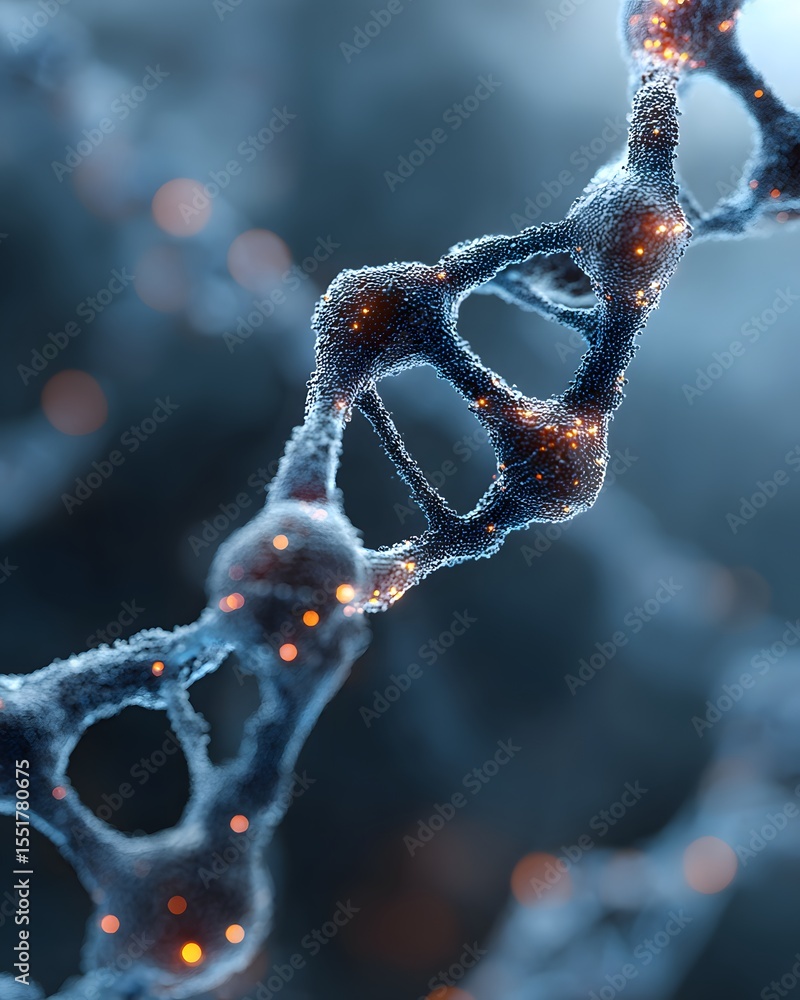 Poster close-up digital rendering of a dna double helix with glowing nodes on a blurred blue background.