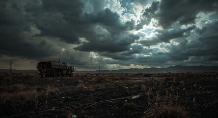 Fototapeta premium Dark clouds swirl above scorched earth of missile control station remains