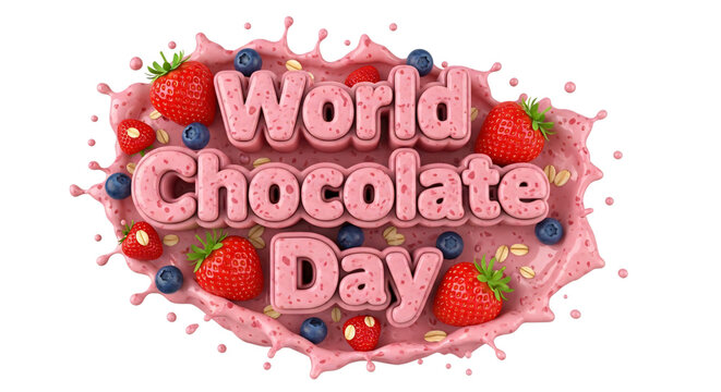 Celebrate World Chocolate Day with this vibrant 3D render of pink text, strawberries, and blueberries on a creamy splash, perfect for holiday promotions, social media campaigns,