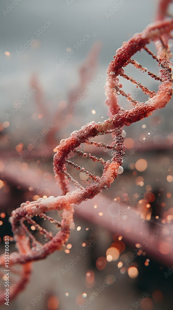 Poster close-up 3d illustration of a dna double helix strand with a blurred background and glowing particle