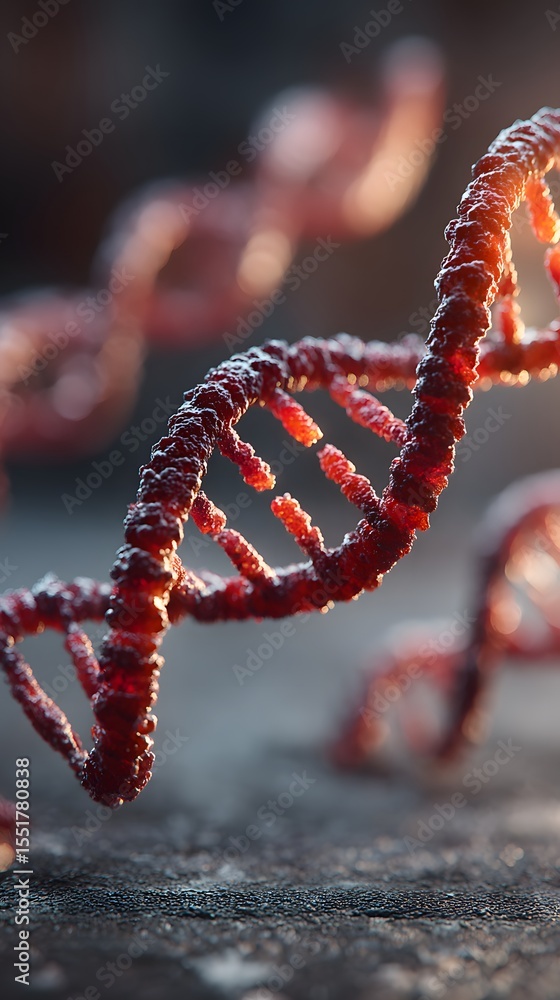 Poster close-up of a red dna double helix strand, highlighting its twisted structure and molecular complexi