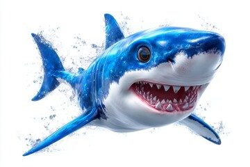 A Great White Shark is depicted swimming in a 3/4 view, set against an aquatic theme, in a horizontal format with photorealistic illustrations on a transparent background cutout in PNG, created using