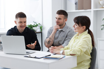 Couple having meeting with business consultant at table in office