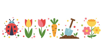 Vector clipart of spring elements featuring lady bugs, some flowers, carrots and fertile soil