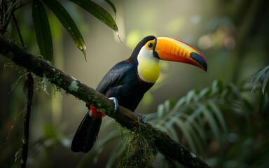 Fototapeta premium A colorful toucan bird perched gracefully on a tree branch, framed by lush foliage and soft light