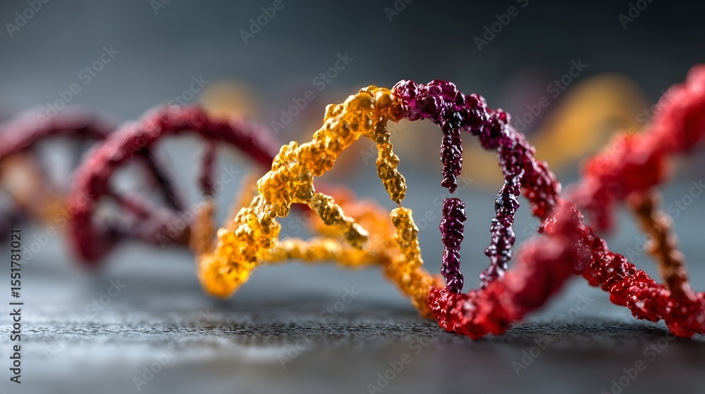 Poster colorful dna double helix strands made of textured molecular structures, representing genetics and m