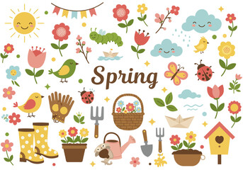 Spring season elements clipart, flat vector design
