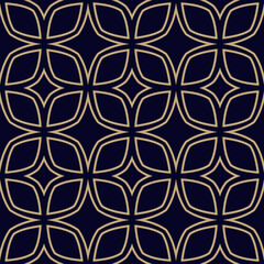 Black and gold linear ornament. Vector abstract geometric seamless pattern with outline grid, diamonds, lattice, net. Simple golden background texture. Luxury repeated geo design for decor, wallpaper