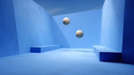 Abstract background. 3D-rendered spheres and cubes arranged in geometric balance on a pastel blue plane. Two floating spheres cast shadows on textured blue cubic walls. 3d illusion.