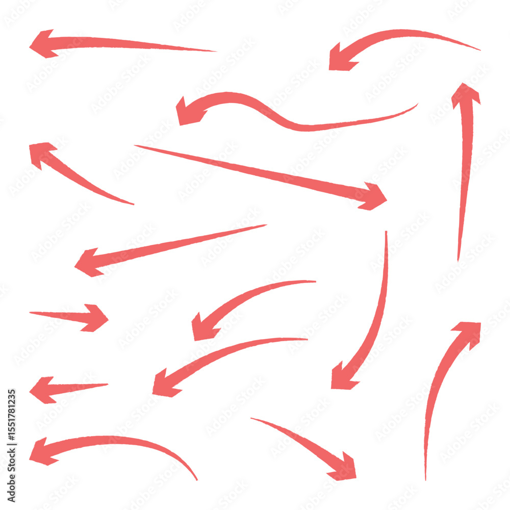 Poster red crayon arrow doodles collection - hand sketched curved lines, round swirls, pointers. artistic s