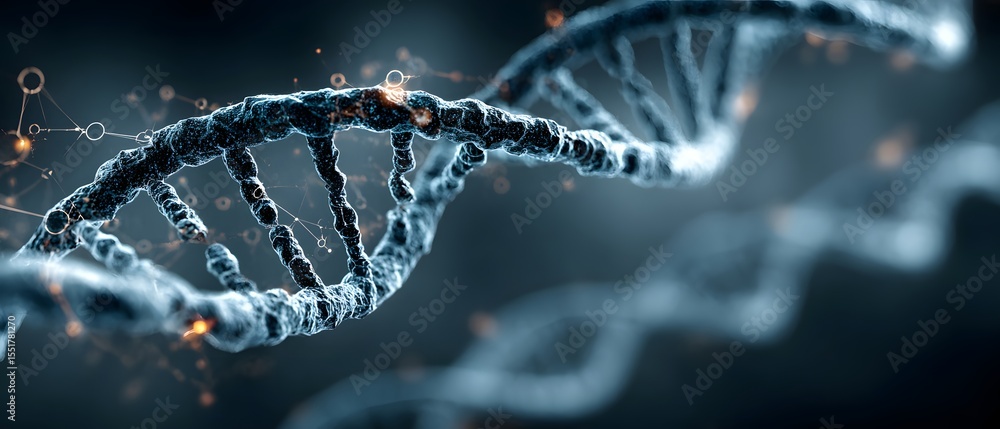 Aufkleber close-up 3d visualization of a dna double helix strand with molecular details and glowing particles 