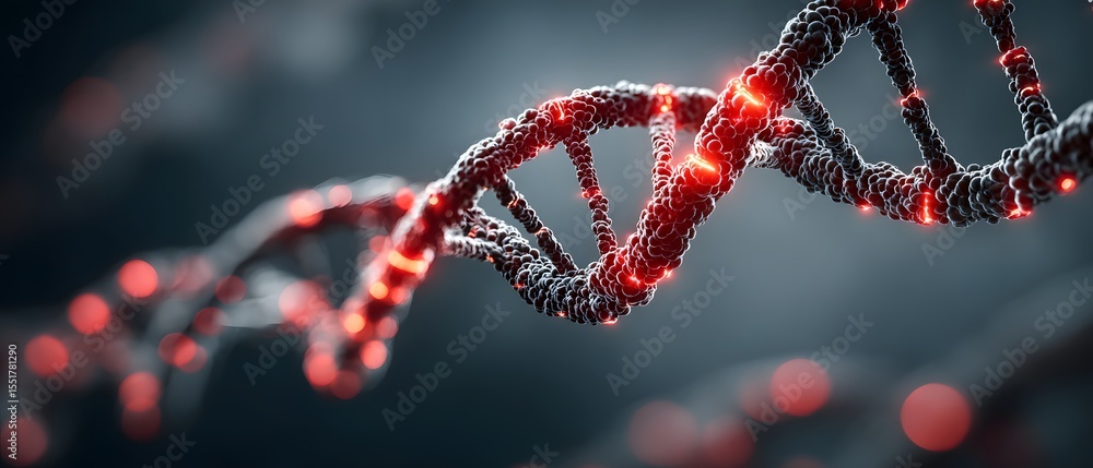 Poster a close-up, glowing 3d rendering of a dna double helix strand highlighting its complex molecular str