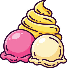 A colorful vector illustration featuring assorted ice cream scoops and swirls in a playful design. Perfect for dessert menus, summer promotions, and sweet treat graphics.