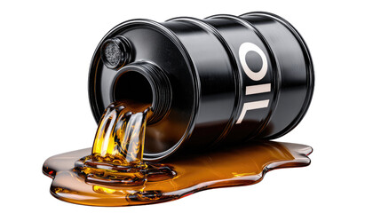 Oil Barrel Spill: A sleek black oil barrel tips over, spilling viscous crude oil onto a surface, a symbolic visual of energy.