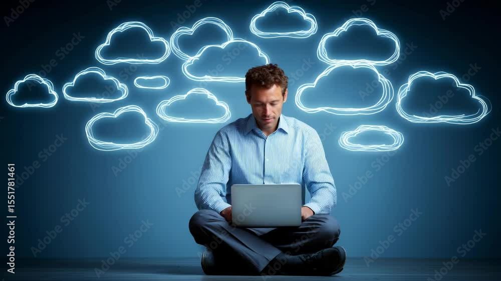 Poster man working on laptop with cloud computing technology powering business growth and innovation