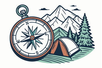Vintage compass guiding adventure with tent and mountains in the background