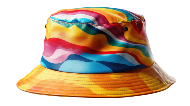 Colorful Bucket Hat: A vibrant and fashionable bucket hat showcases a dynamic swirl of bright hues. this stylish headwear, blending artistic flair with practical design, creating a cheerful statement