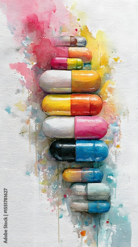 Poster colorful capsules arranged vertically with watercolor splashes blending in the background on a textu