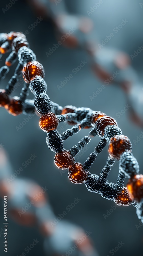 Poster a close-up 3d visualization of a dna double helix structure with glowing orange nodes on a dark, blu