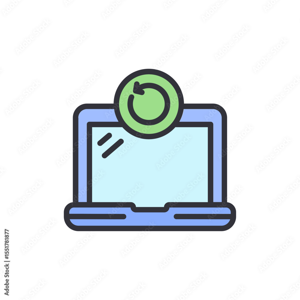 Poster laptop computer with refresh symbol indicating update or loading
