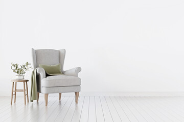 Simple and minimal interior background with gray classic armchair, green plant in glass vase and small table. Empty home wall mockup with free space. White living room decoration. 3d rendering.