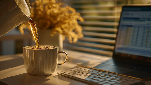 Hand pouring hot coffee into a cup placed beside a laptop with spreadsheets open, a wireless keyboard and plant on the desk, sunbeams shining through window blinds, evoking calm an