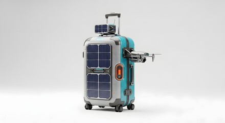 Teal Suitcase with Solar Panels and Drone Against White Background