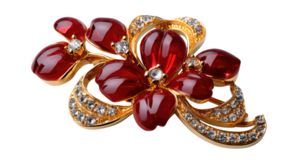 Jeweled Floral Elegance: A close-up shot reveals a radiant, gold-toned brooch, shaped as a delicate floral arrangement, adorned with vibrant, ruby-red petals, each exquisitely encrusted with tiny.