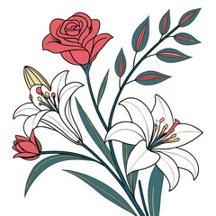 Elegant Floral Arrangement: Red Rose, White Lilies, Green Leaves