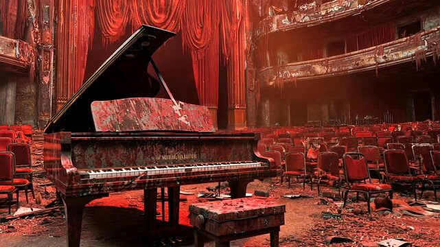 Abandoned theater with a grand piano, red lighting, deteriorating seats, and dust in the air