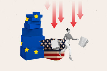 Banner 3d art pop image collage of happy girl run packages sale arrow regress shipment america europe box trade war embargo