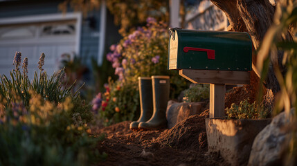 Morning sun warming a green mailbox with raised red flag, green grass shining with dew, a wheelbarrow filled with fresh soil, a pair of gardening boots next to the garage, and a co