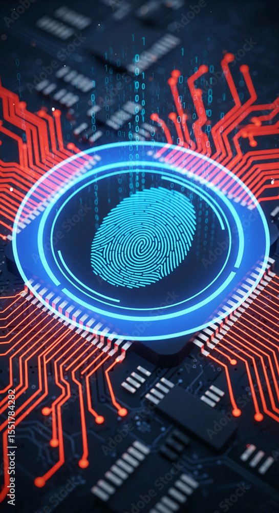 Poster Cybersecurity concept: Fingerprint scan on circuit board, glowing blue and orange hues, digital binary code background, representing digital security and authentication