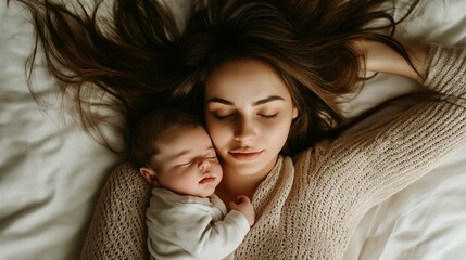 Young caucasian mother and her newborn baby rest together peacefully on a bed, faces gently touching as they sleep. A tender and intimate moment of bonding and maternal love in a serene home setting