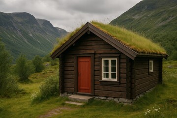 Scenic view of a classic wooden Norwegian hytte with a green grass roof, red door, and stone chimney nestled in a peaceful mountain valley near a lake under a cloudy sky.