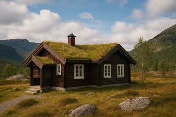 Scenic view of a classic wooden Norwegian hytte with a green grass roof, red door, and stone chimney nestled in a peaceful mountain valley near a lake under a cloudy sky.